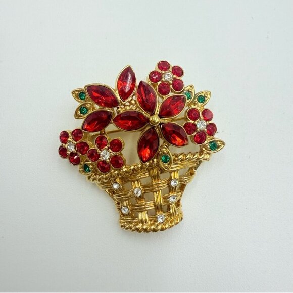 Vintage Red Rhinestone PoinsettiaCrystal and Gold Tone Basket Brooch - Picture 5 of 6